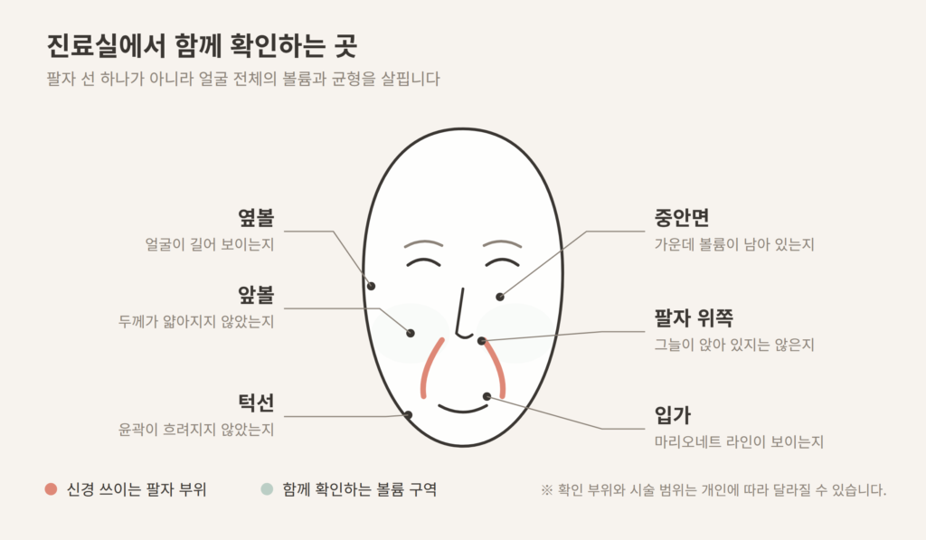 팔자주름 상담 시 확인하는 부위 앞볼 옆볼 중안면 팔자 위쪽 입가 턱선 도식