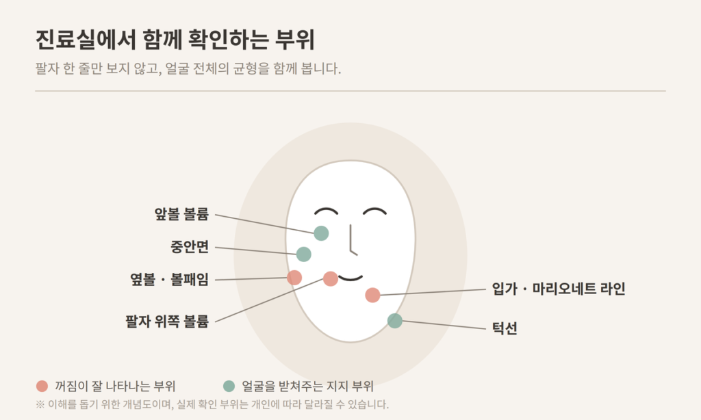 팔자 볼패임 중안면 앞볼 턱선 얼굴 볼륨 확인 부위 개념도