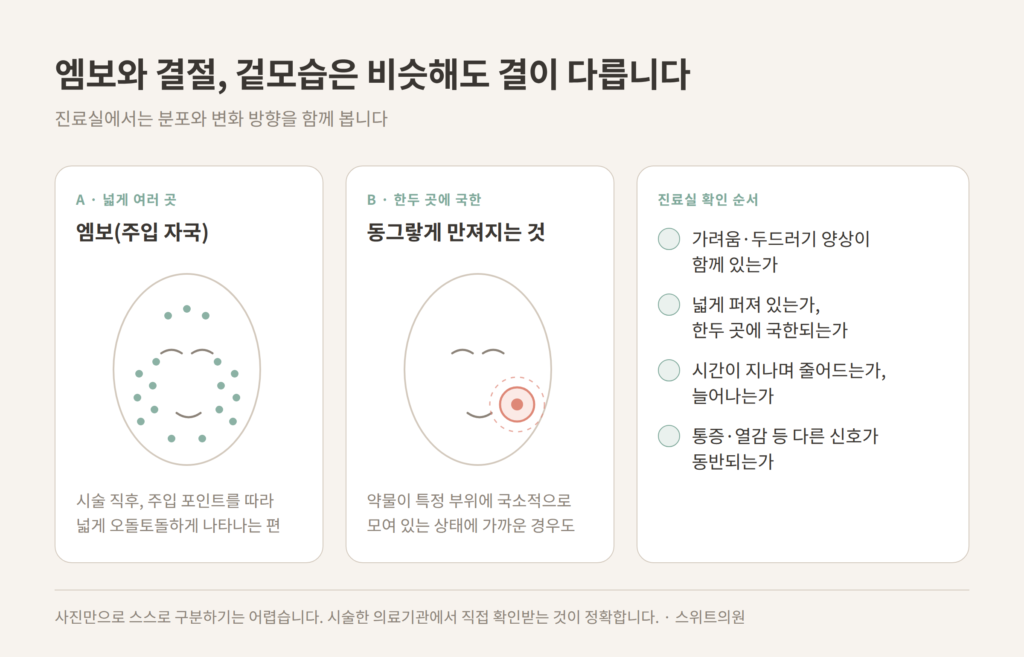 엠보와 결절 차이 분포 비교 및 진료실 확인 순서 도식