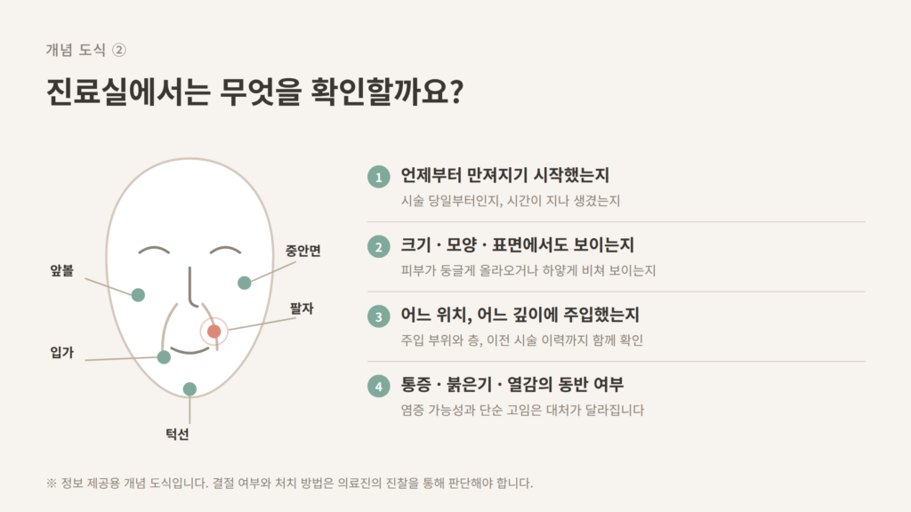 쥬베룩볼륨 결절 확인 항목 앞볼 중안면 팔자 입가 턱선 개념도