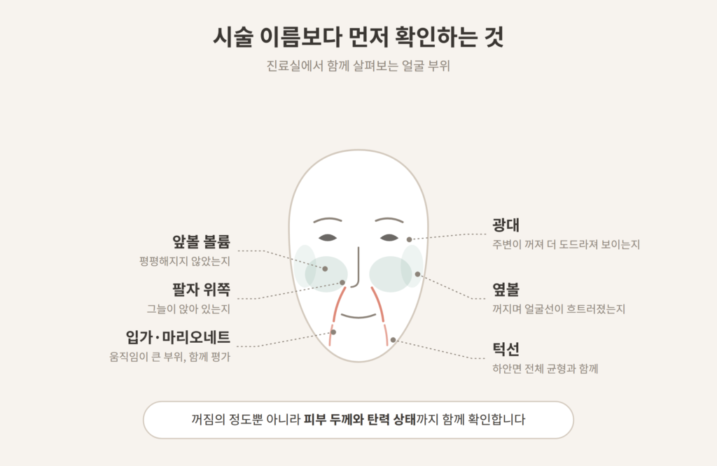 팔자주름 앞볼 옆볼 마리오네트 볼륨 확인 부위 개념도