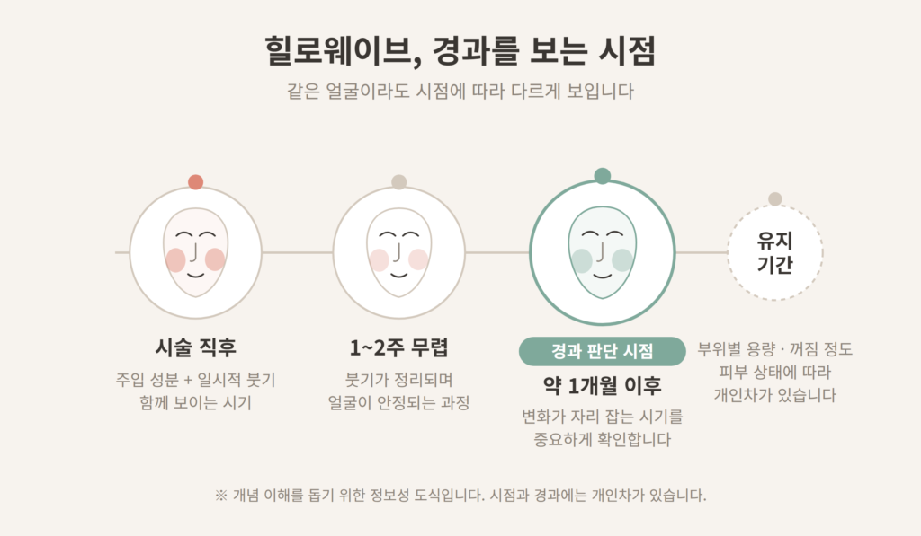 힐로웨이브 시술 직후부터 한 달 이후까지 경과를 보는 시점 도식