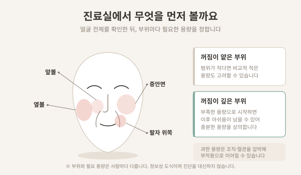 앞볼 옆볼 중안면 팔자 위쪽 볼륨 감소 부위와 힐로웨이브 용량 판단 개념도