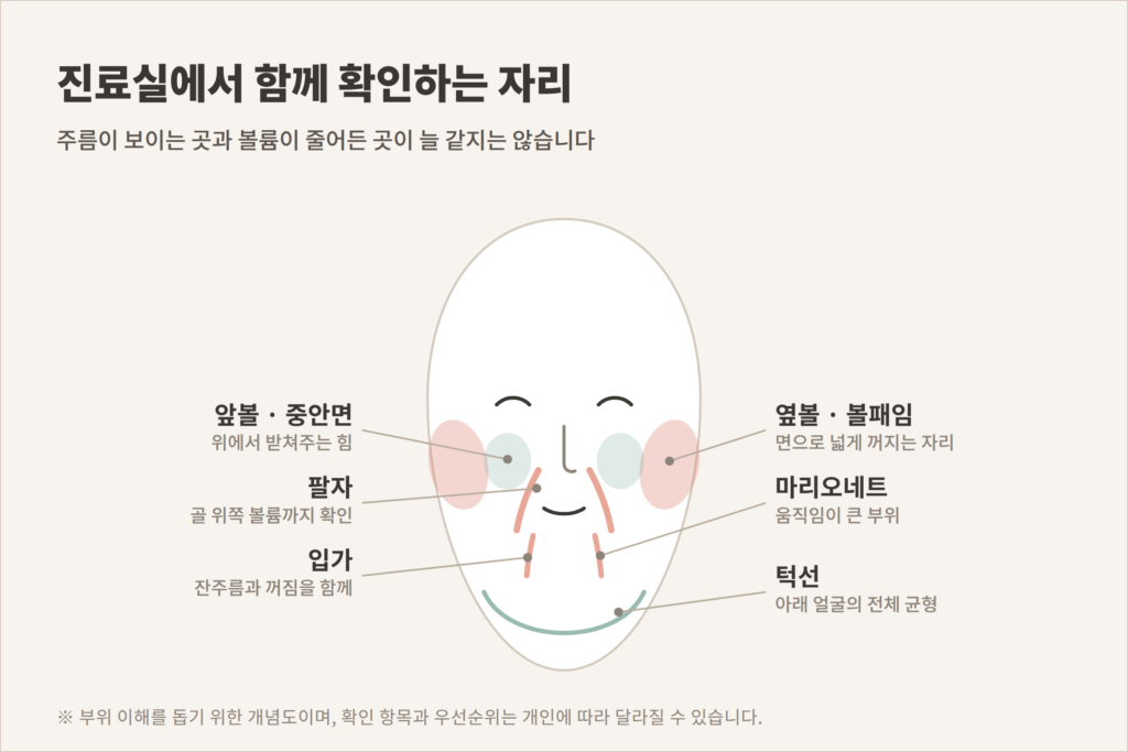 레디어스 상담에서 확인하는 앞볼 중안면 옆볼 팔자 입가 마리오네트 턱선 개념도