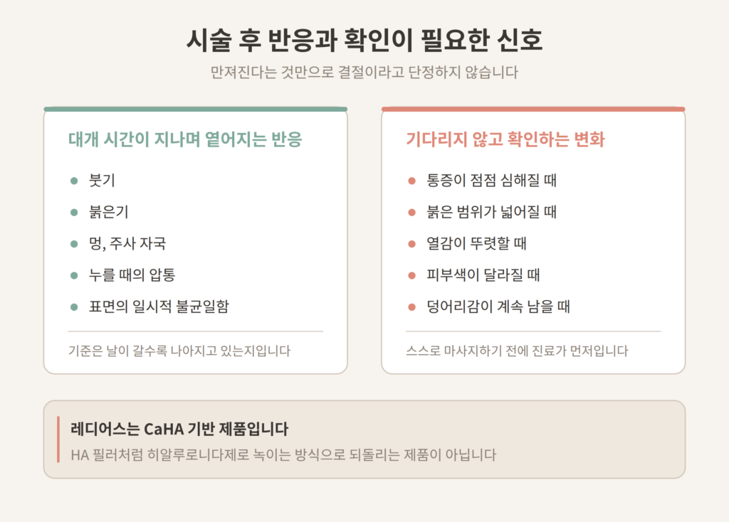  레디어스 시술 후 흔한 반응과 확인이 필요한 신호 비교 개념도