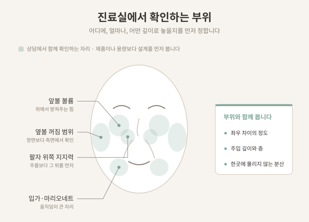 레디어스 상담에서 확인하는 앞볼 옆볼 팔자 입가 마리오네트 부위 개념도