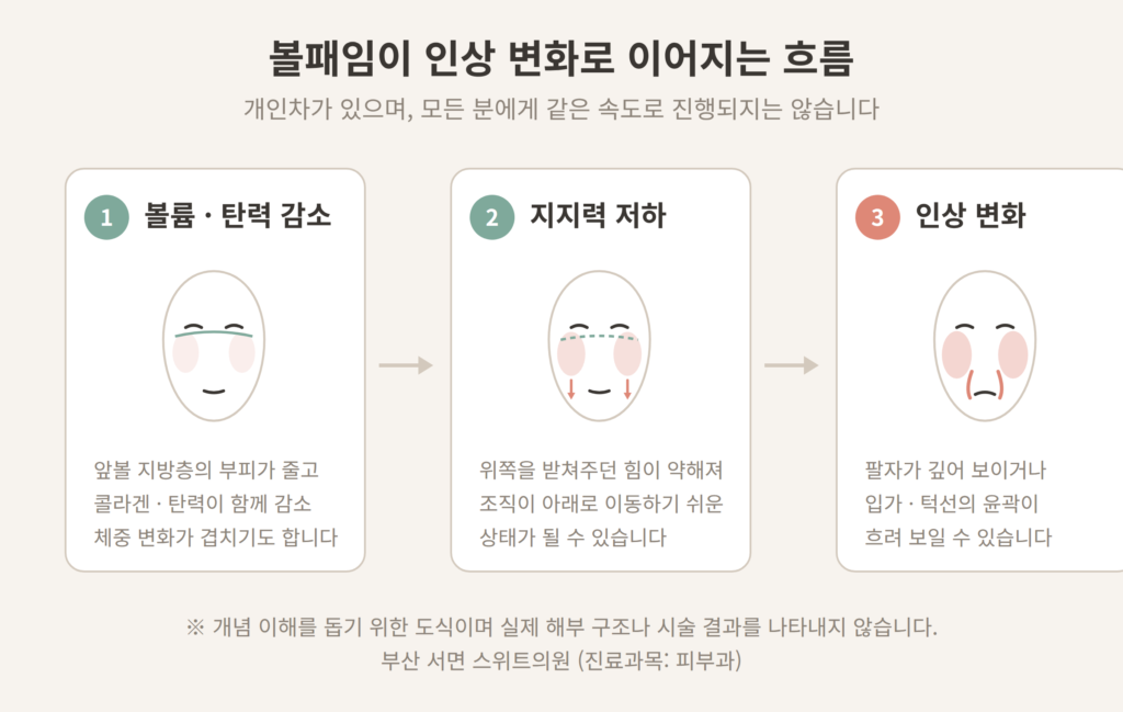 볼패임 원인 단계 도식 볼륨 탄력 감소 지지력 저하 인상 변화