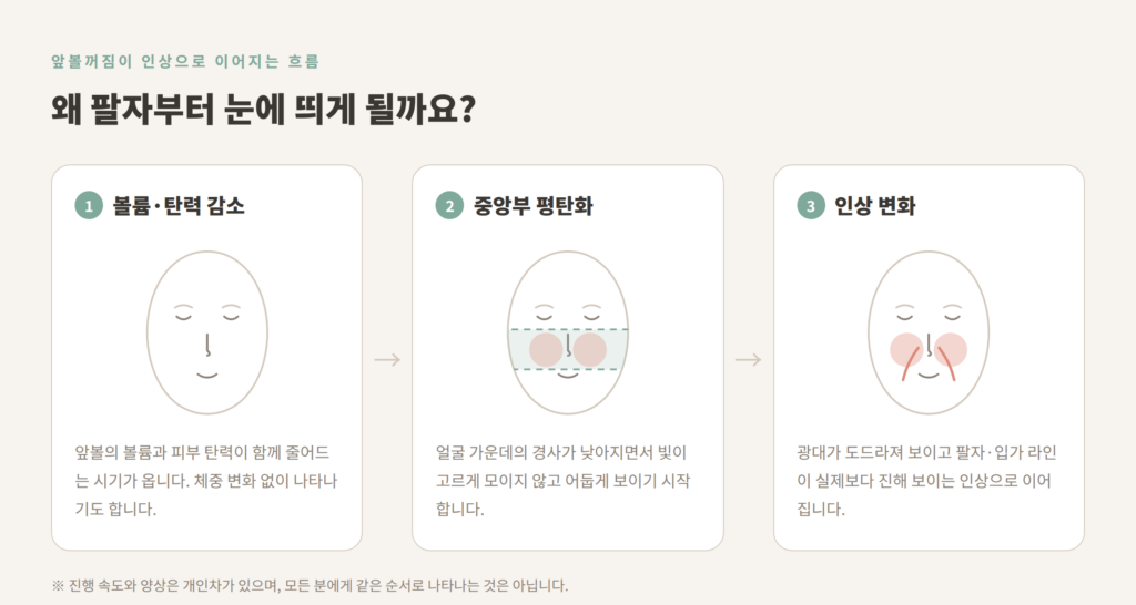 앞볼 볼륨 감소가 팔자주름 인상 변화로 이어지는 3단계 도식