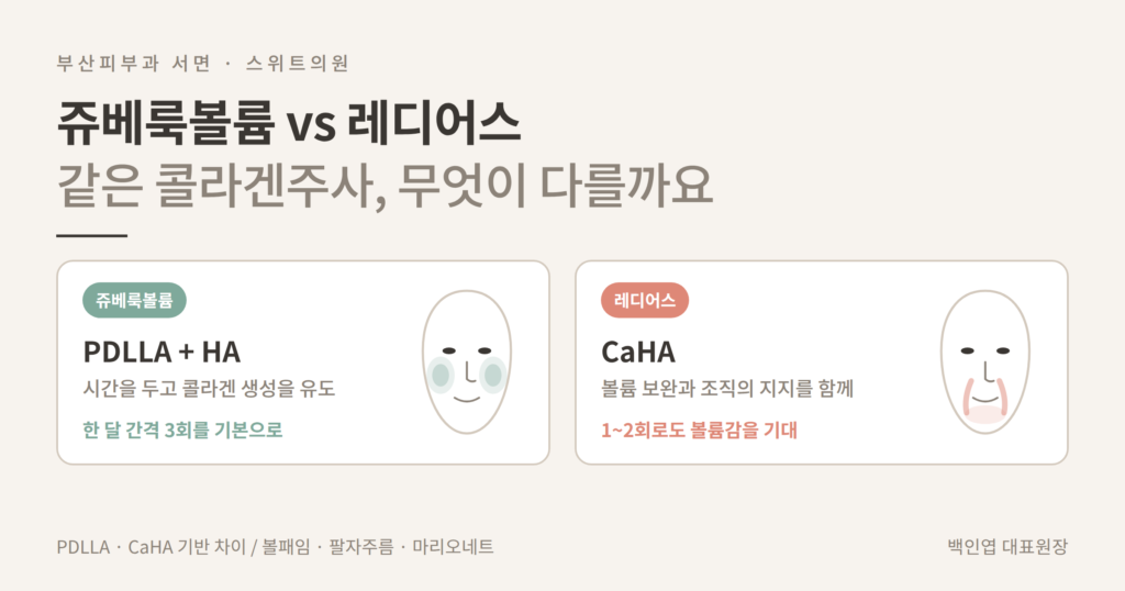쥬베룩볼륨 레디어스 차이 PDLLA CaHA 성분 비교