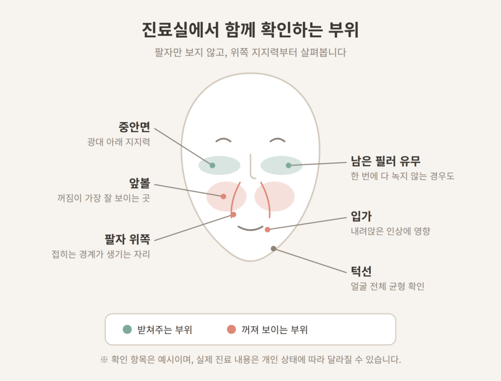 필러녹임 후 진료실에서 확인하는 앞볼 중안면 팔자 위쪽 부위 도식
