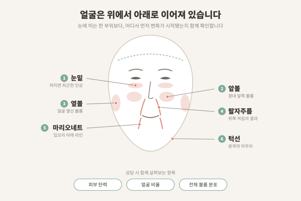 40대 얼굴 변화 눈밑 앞볼 옆볼 팔자주름 마리오네트 턱선 연결 구조