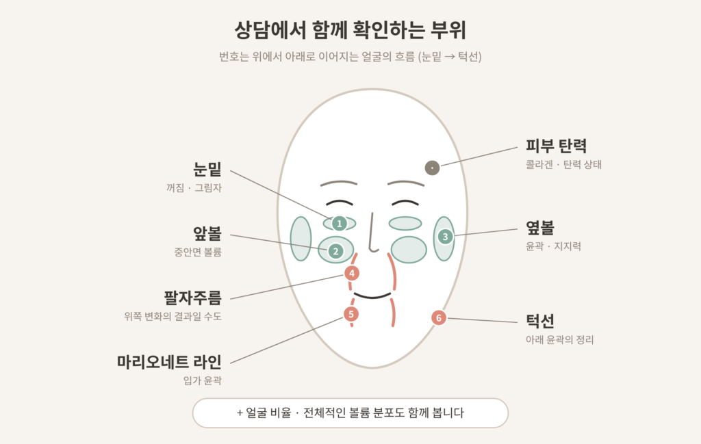 40대 얼굴 볼륨 눈밑 앞볼 옆볼 팔자주름 상담 확인 부위