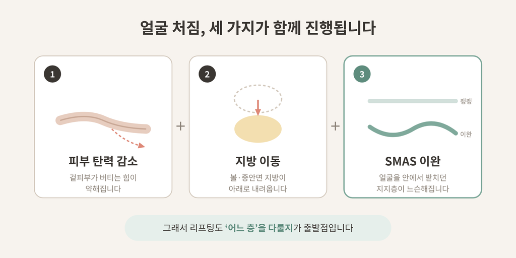 얼굴 처짐 원인 피부 탄력 감소 지방 이동 SMAS 이완