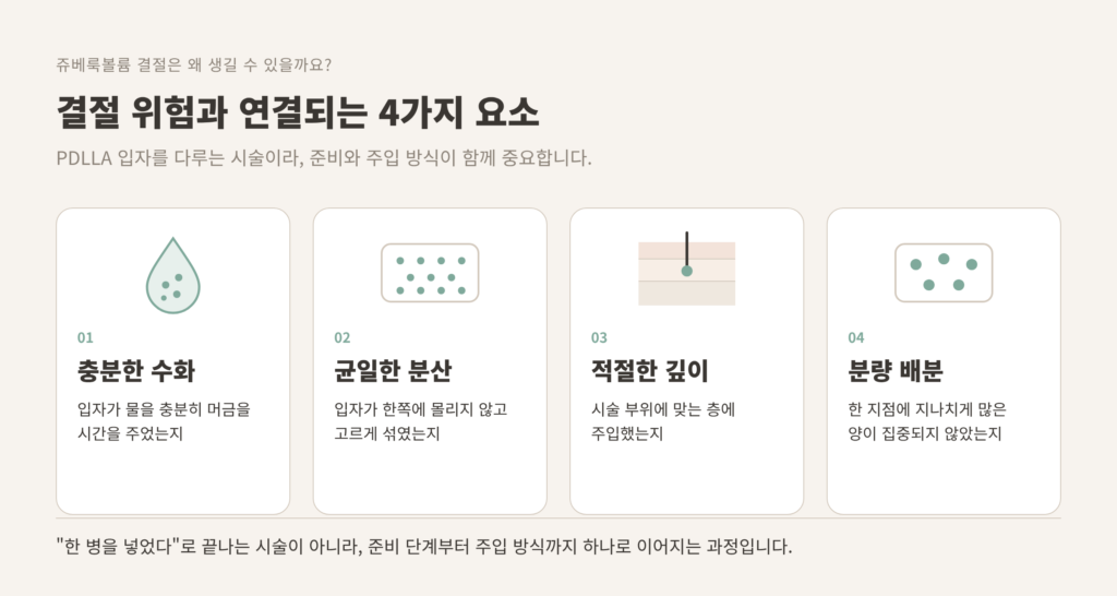 쥬베룩볼륨 결절 위험 요소 수화 분산 주입 깊이 분량 개념도