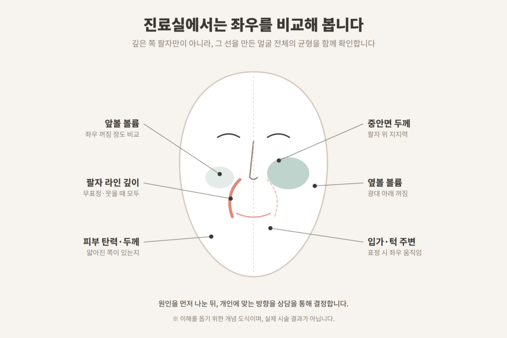 팔자주름 비대칭 진료실 확인 부위 앞볼 중안면 옆볼